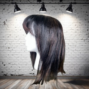 14” dark espresso brown with copper highlights human hair bob wig w/ bangs